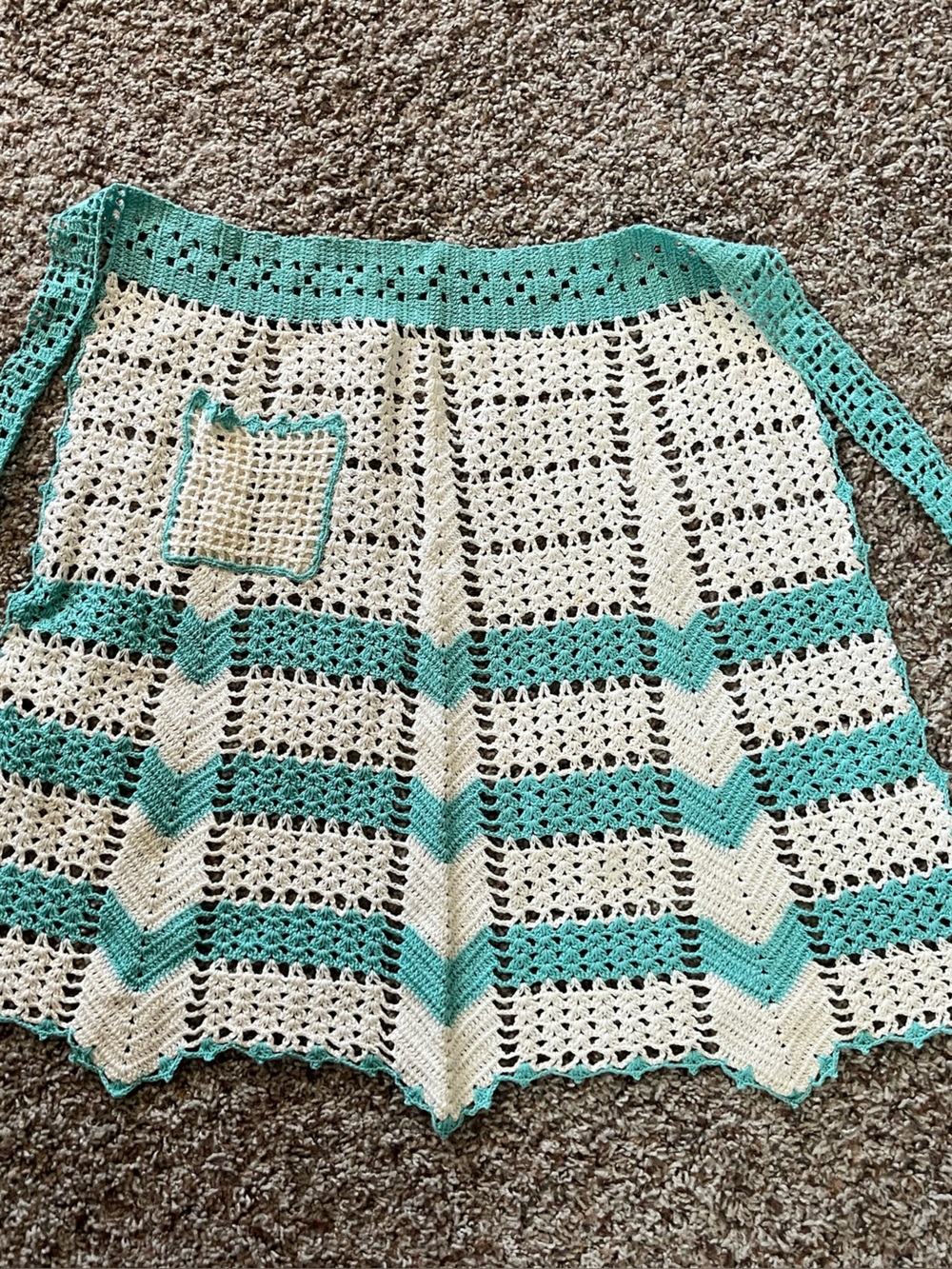 Handmade Crochet Apron in White and Teal